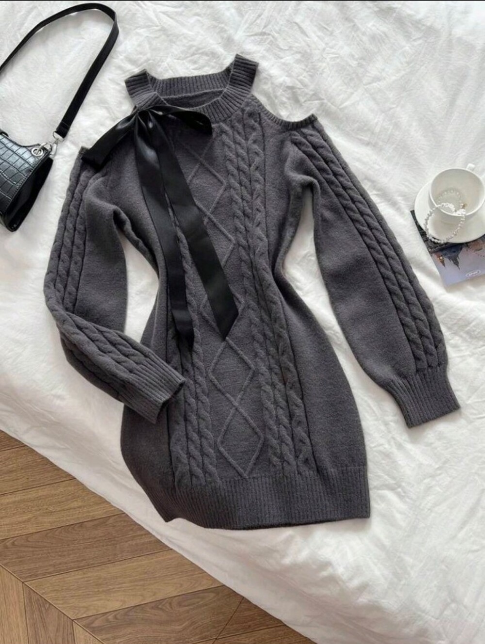 Cold Shoulder Cable Knit Diamond Pattern Sweater Dress Everyday Party Date